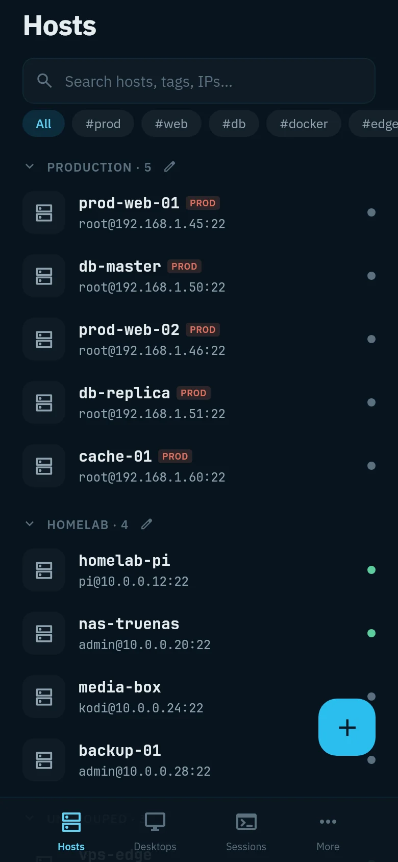 Android host list with groups and tags