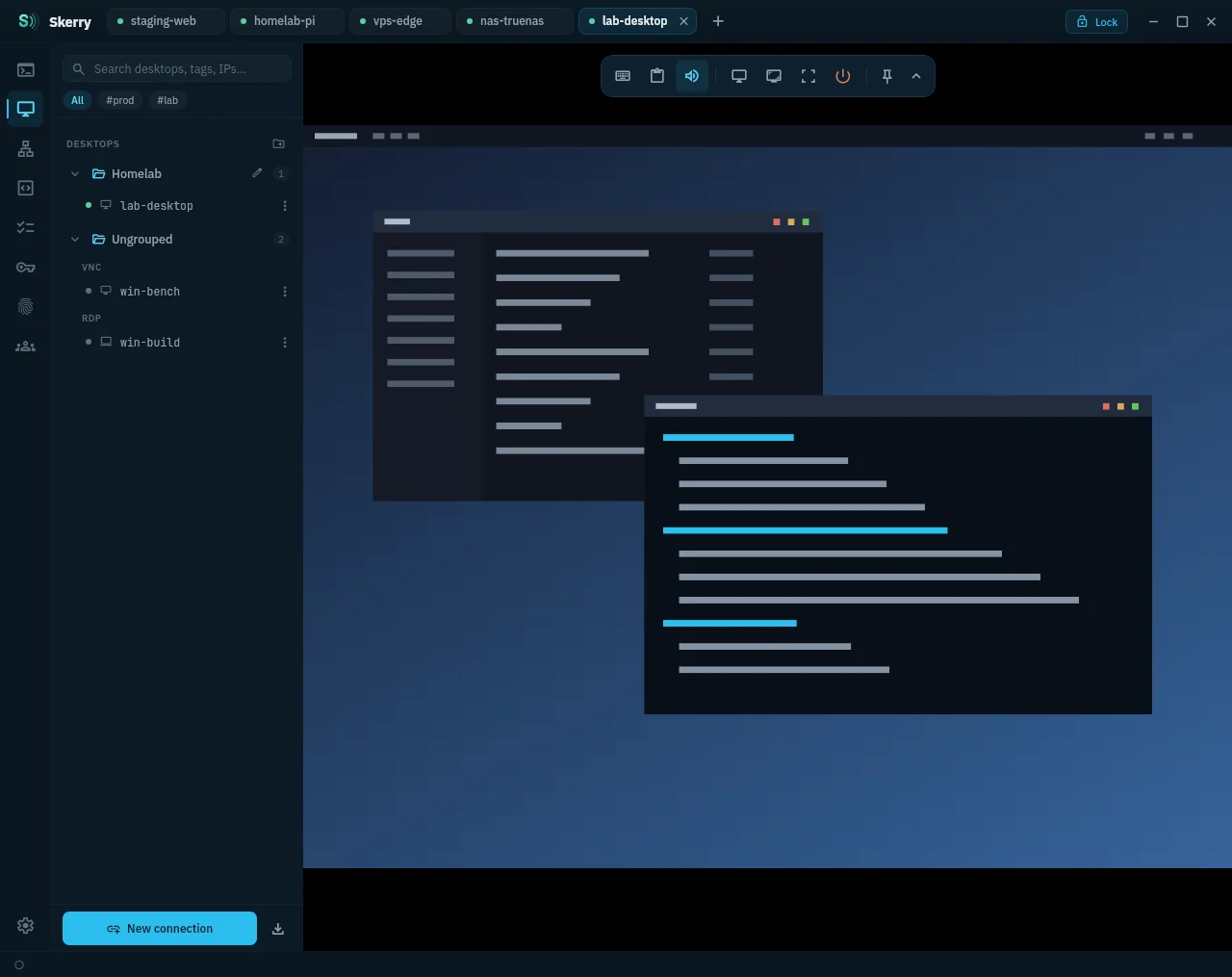 Remote desktop session with its floating icon strip