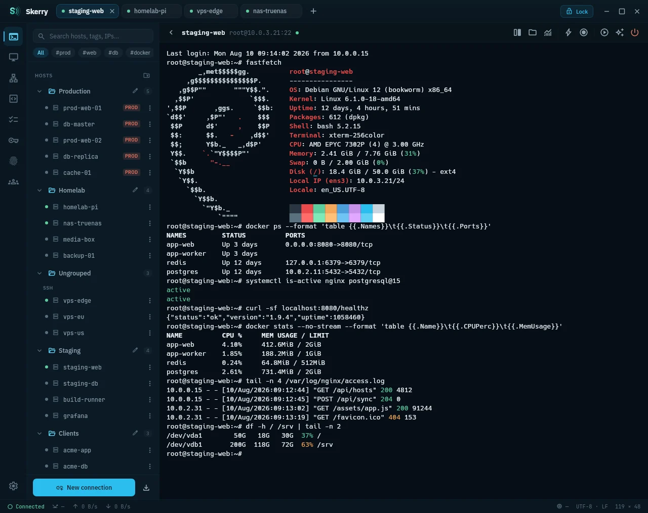 Skerry terminal with the host catalog and session tabs
